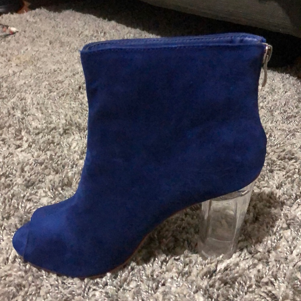 Blue peep toe booties clear heel